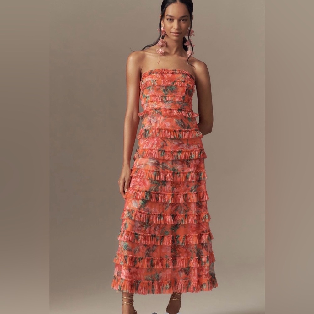 Vibrant Floral Ruffle Midi Dress MAC Duggal size 10